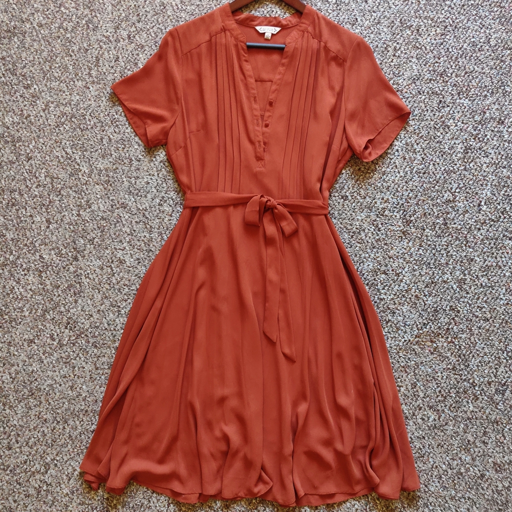 Nanette Lepore Rust-Orange Midi Dress with Self Tie Belt